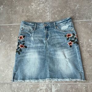 Dear John Embroidered Floral Denim Skirt - Light Blue